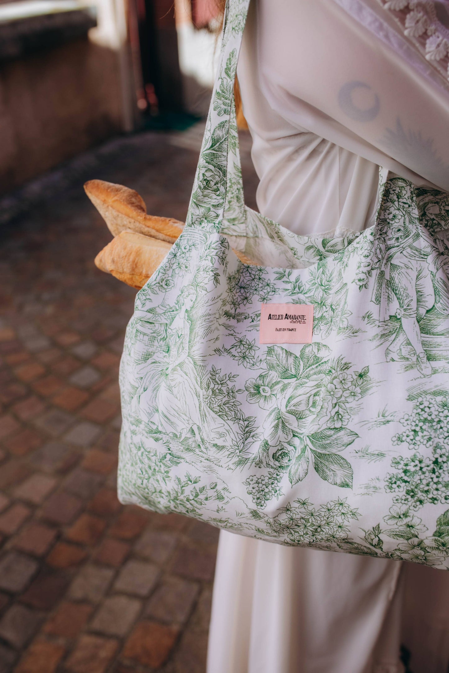 Baumwolltasche Toile de Jouy Grün
