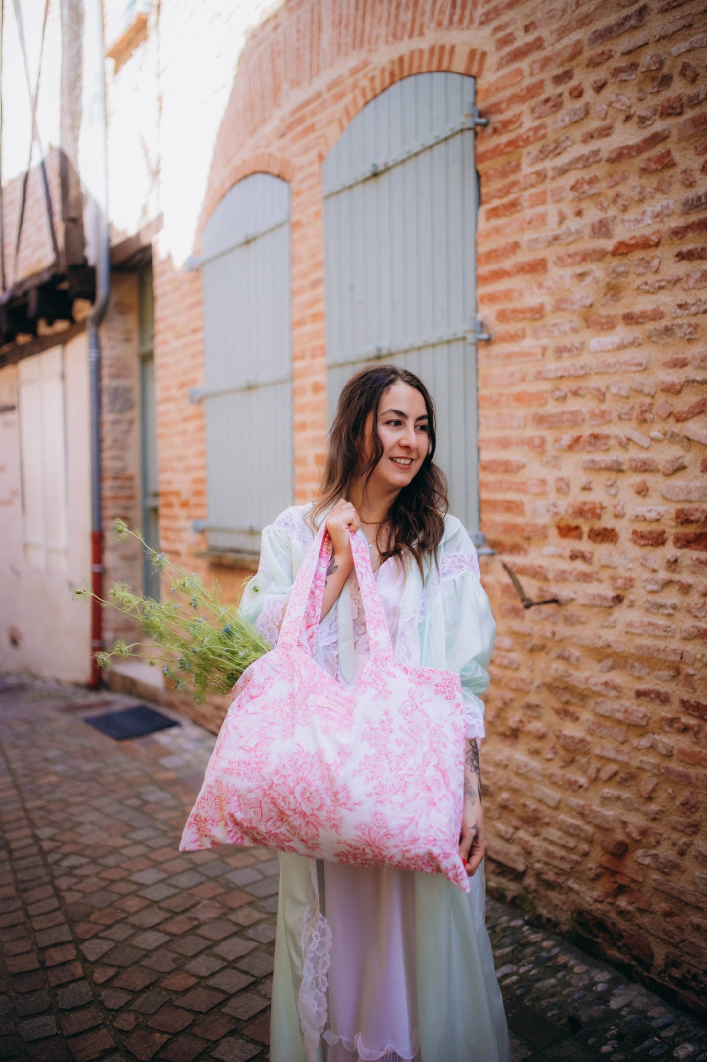 Baumwoll-Totebag Toile-de-Jouy rosa