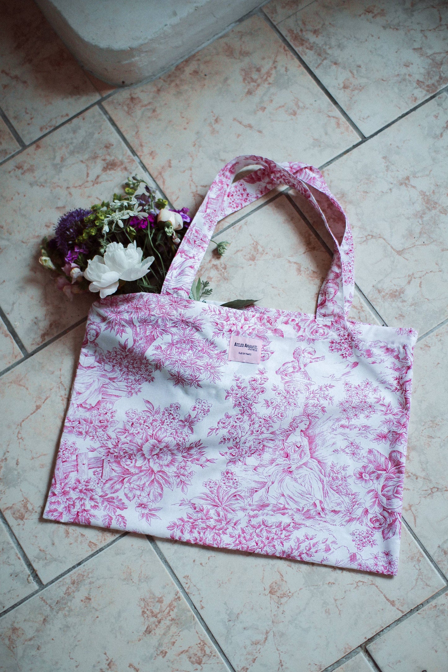 Baumwoll-Totebag Toile-de-Jouy rosa