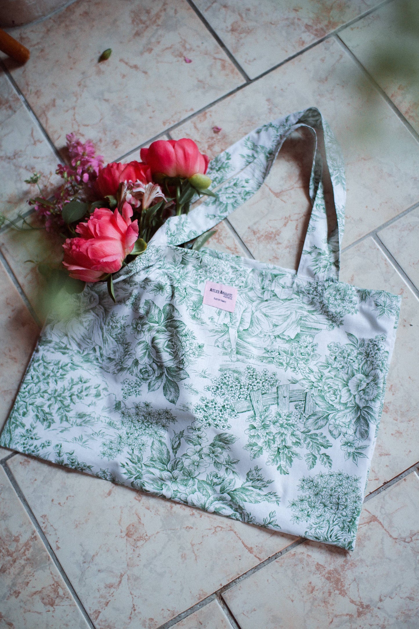 Baumwolltasche Toile de Jouy Grün