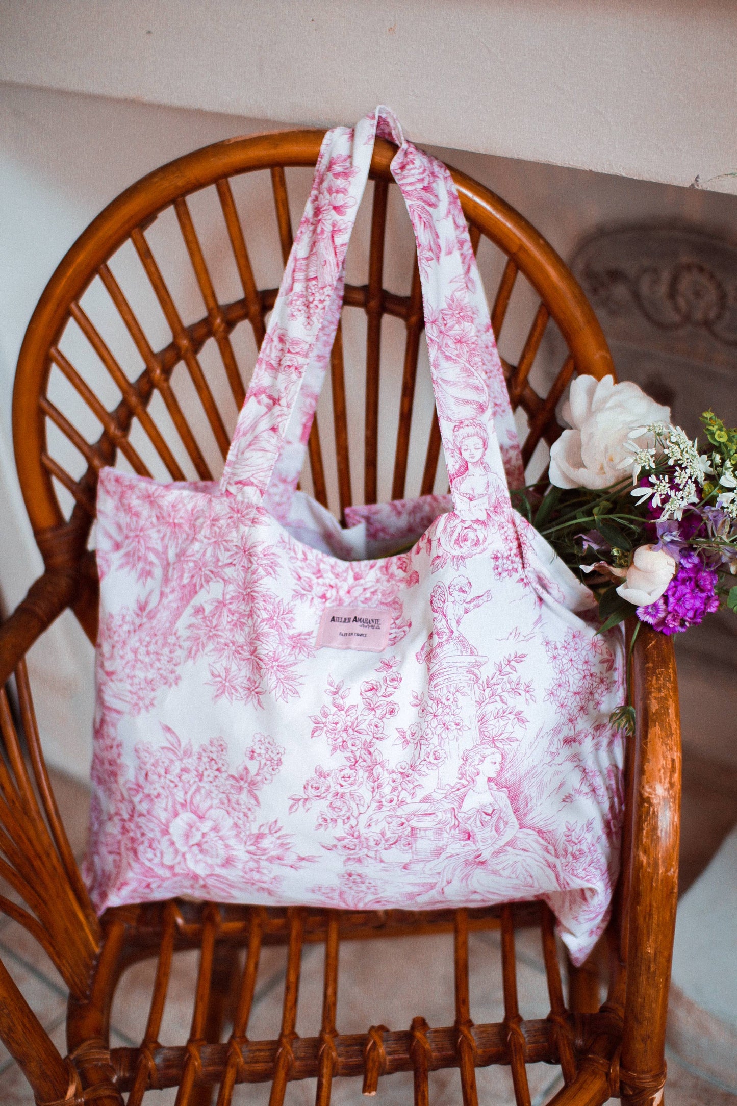 Baumwoll-Totebag Toile-de-Jouy rosa