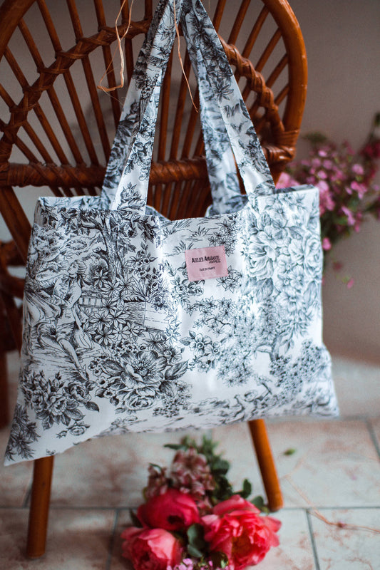 Baumwoll-Totebag schwarze Toile de Jouy