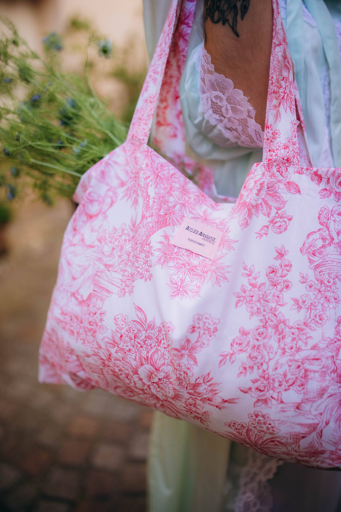 Baumwoll-Totebag Toile-de-Jouy rosa