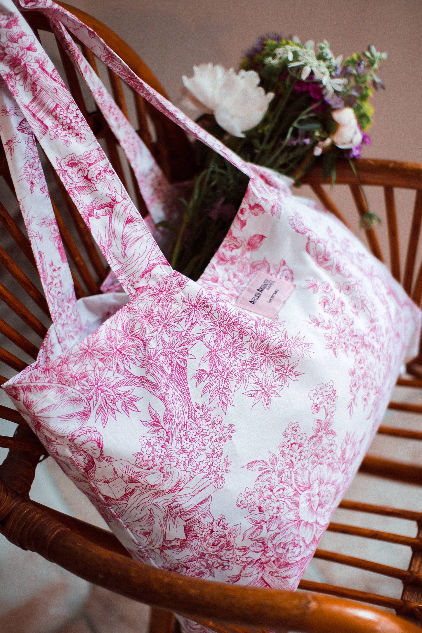 Baumwoll-Totebag Toile-de-Jouy rosa