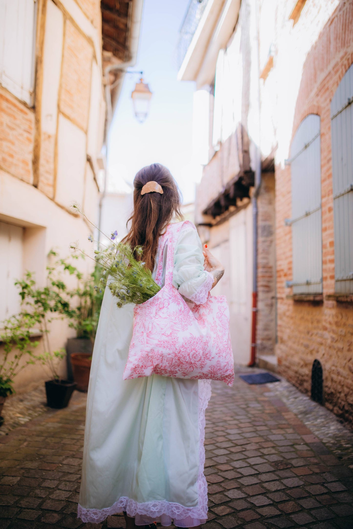 Baumwoll-Totebag Toile-de-Jouy rosa
