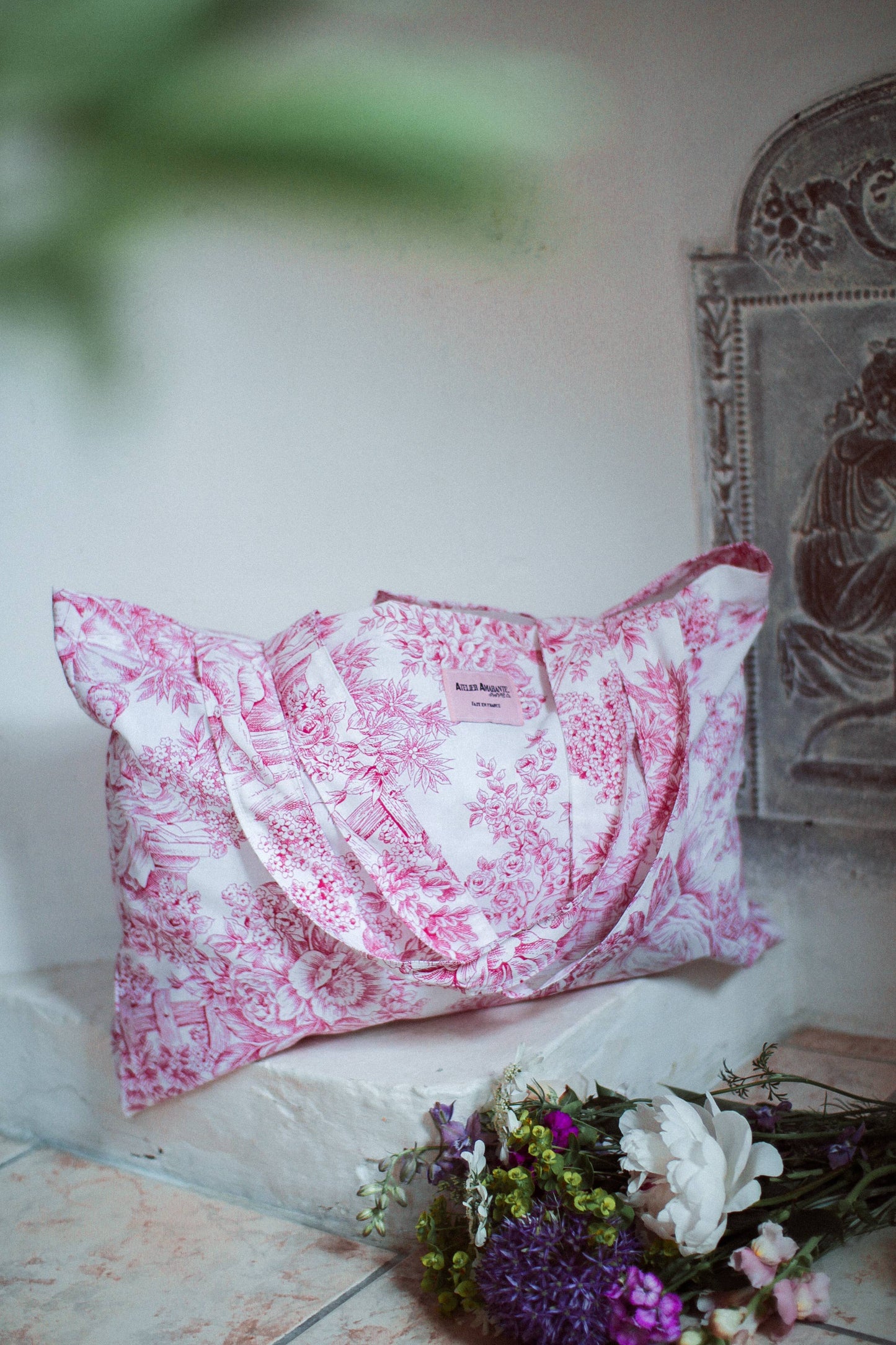 Baumwoll-Totebag Toile-de-Jouy rosa