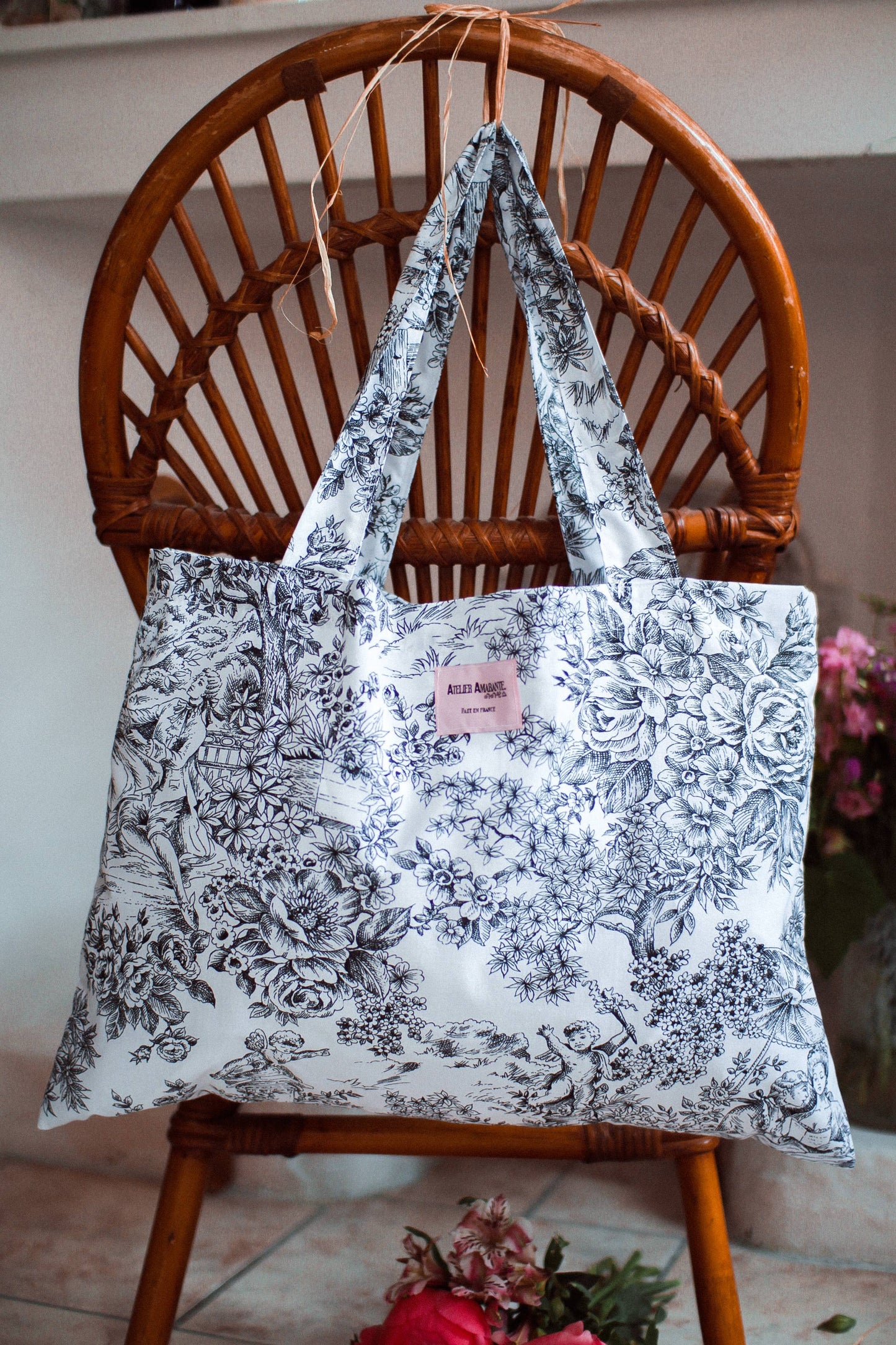Baumwoll-Totebag schwarze Toile de Jouy
