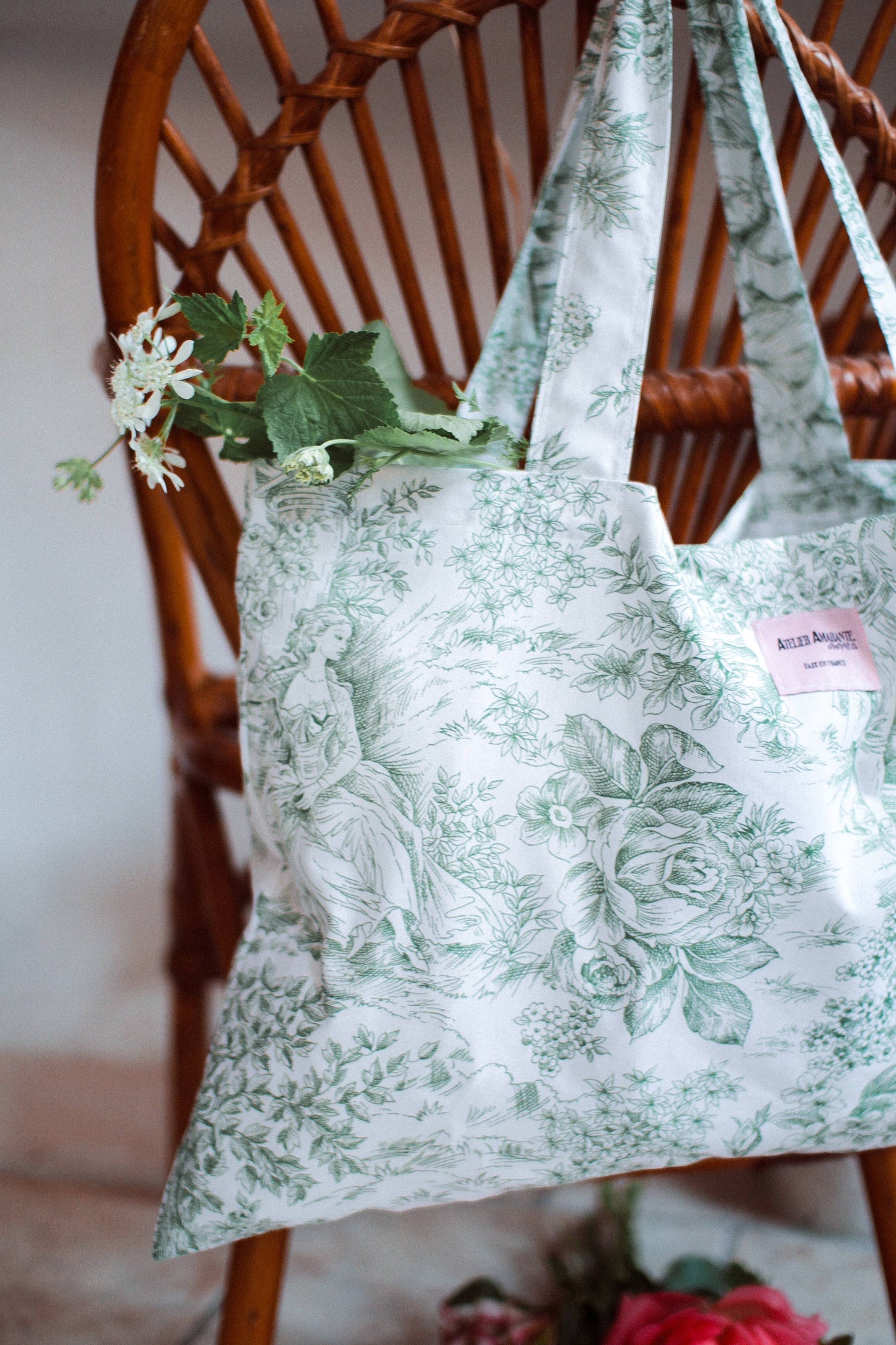 Baumwolltasche Toile de Jouy Grün