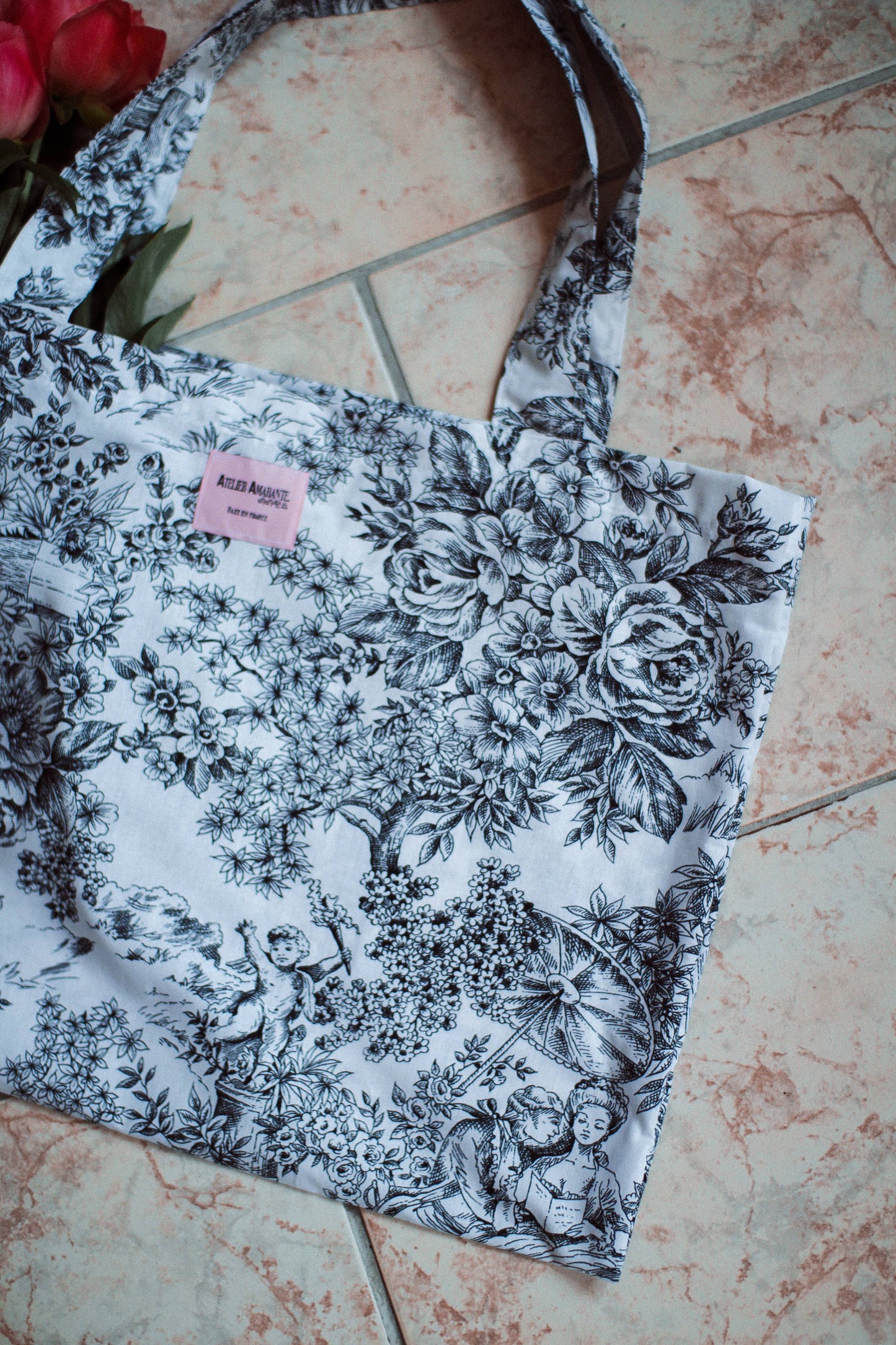 Baumwoll-Totebag schwarze Toile de Jouy