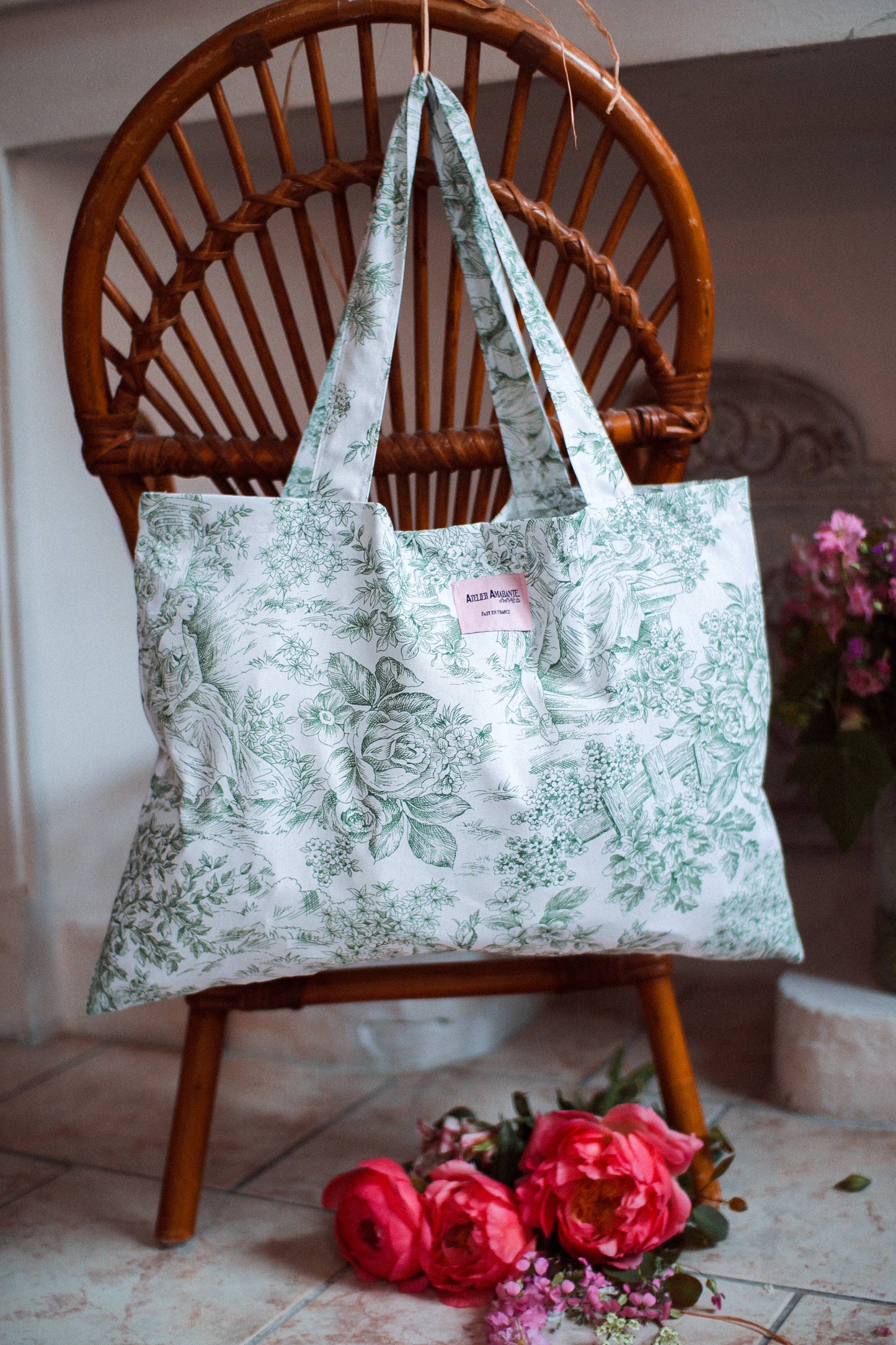 Baumwolltasche Toile de Jouy Grün