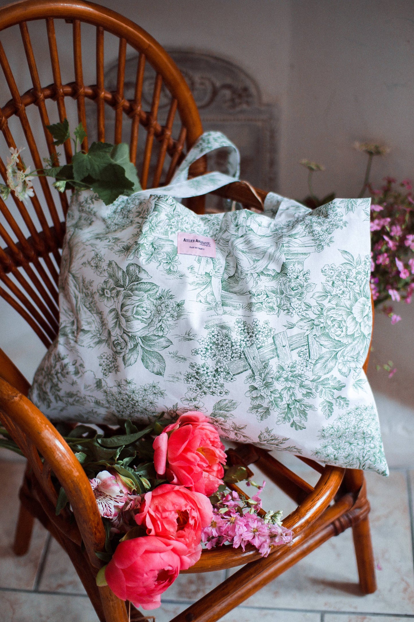 Baumwolltasche Toile de Jouy Grün
