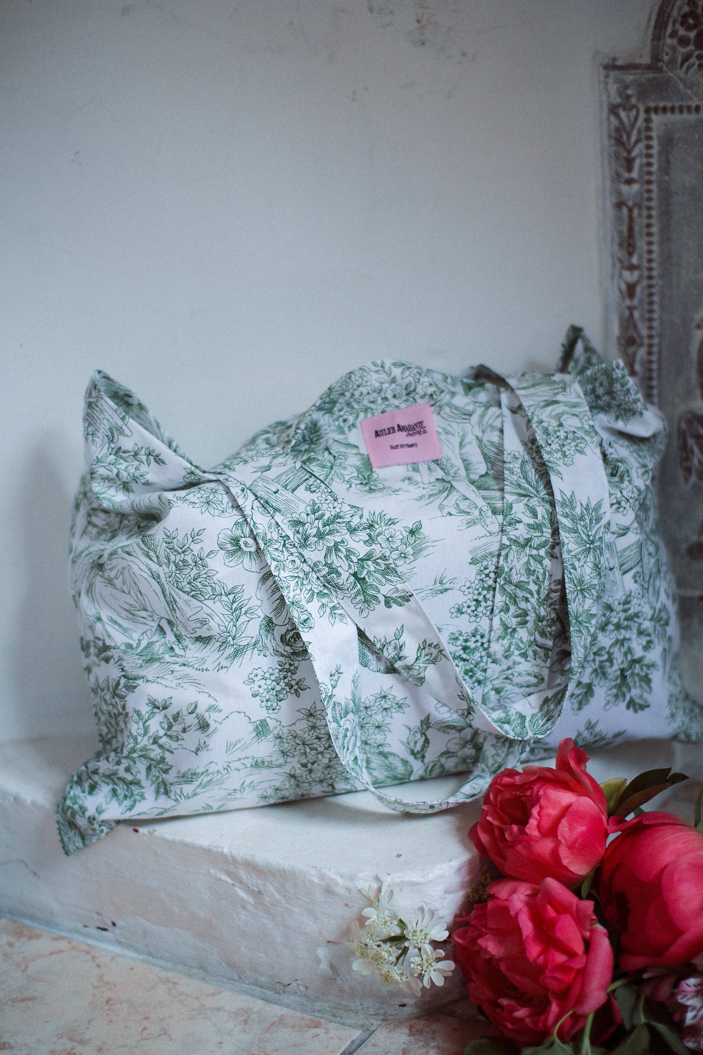 Baumwolltasche Toile de Jouy Grün
