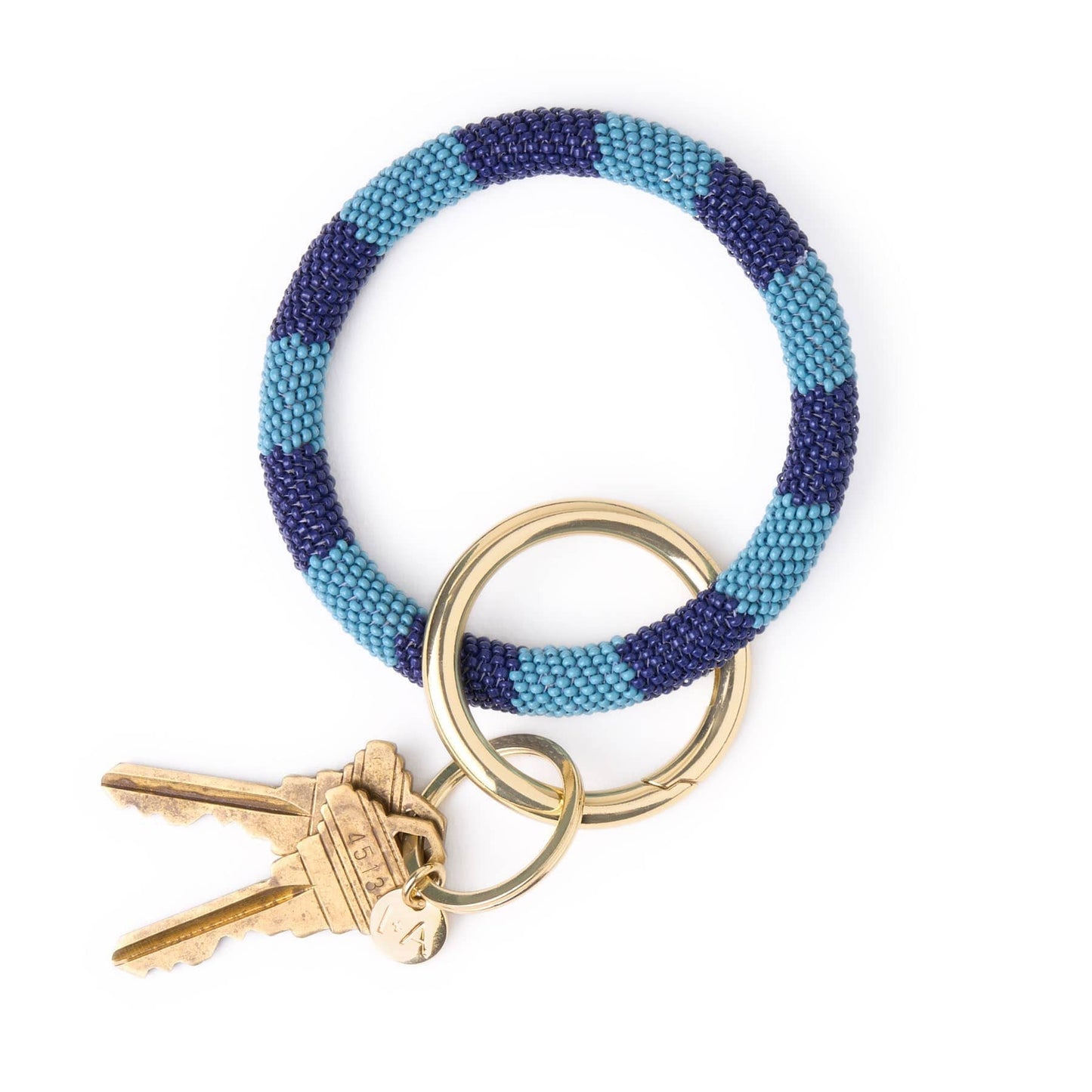 perlenbestückter Farbblock-Schlüsselanhänger Hellblau + Marineblau
