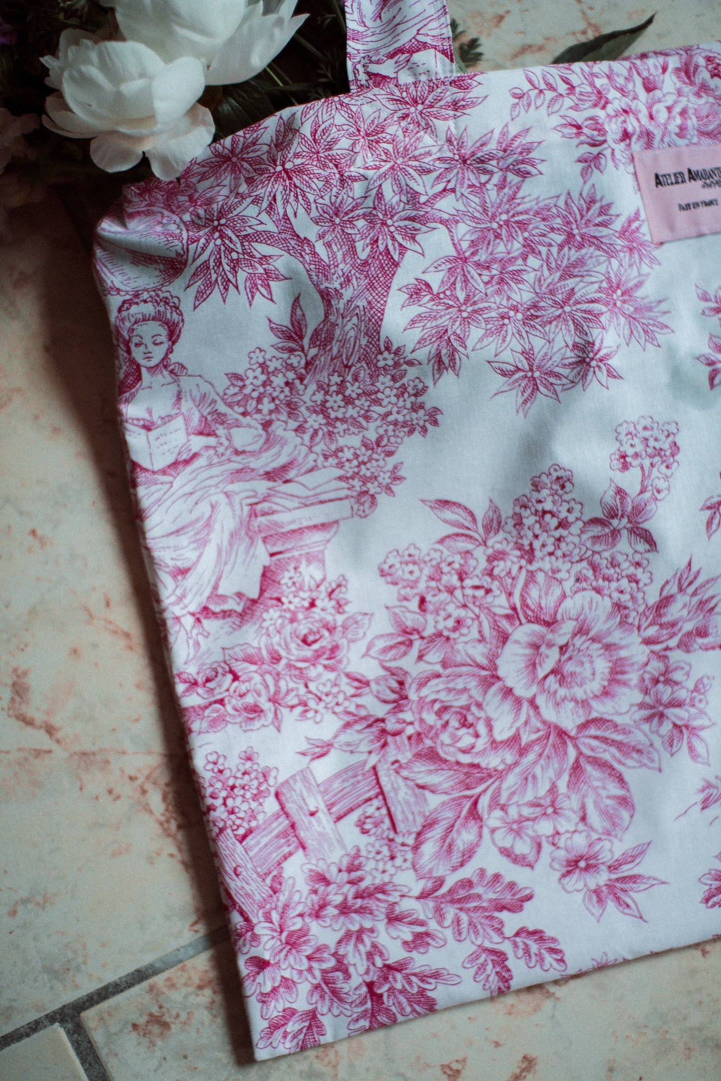 Baumwoll-Totebag Toile-de-Jouy rosa
