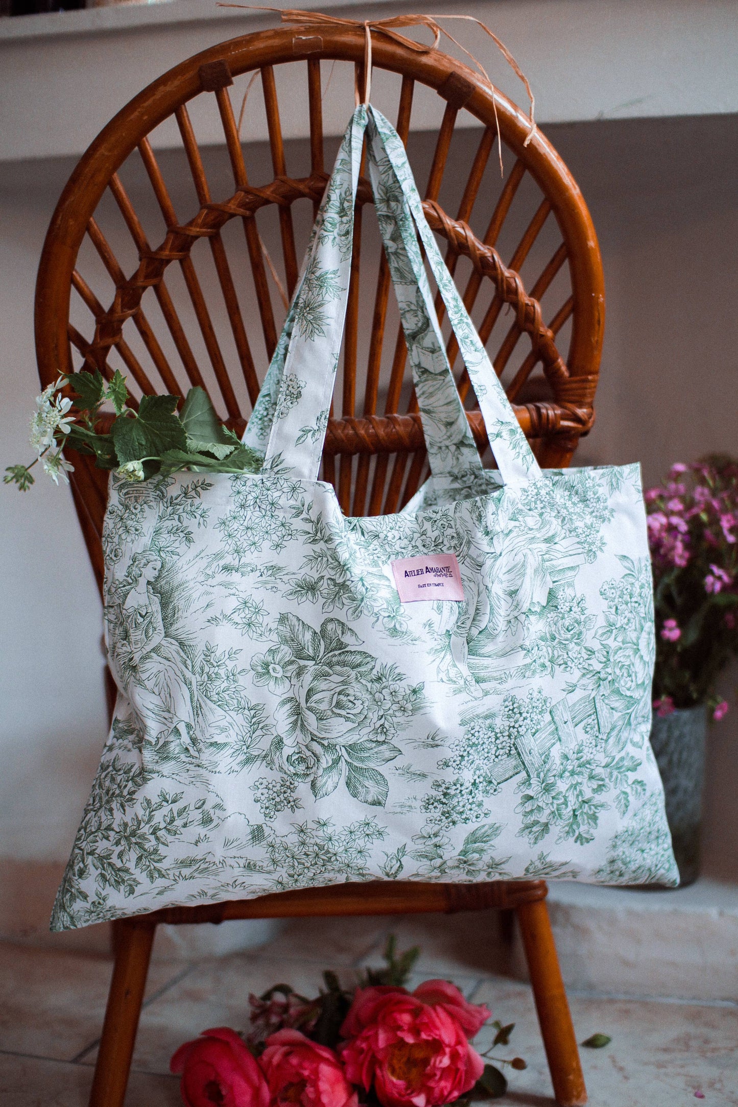 Baumwolltasche Toile de Jouy Grün