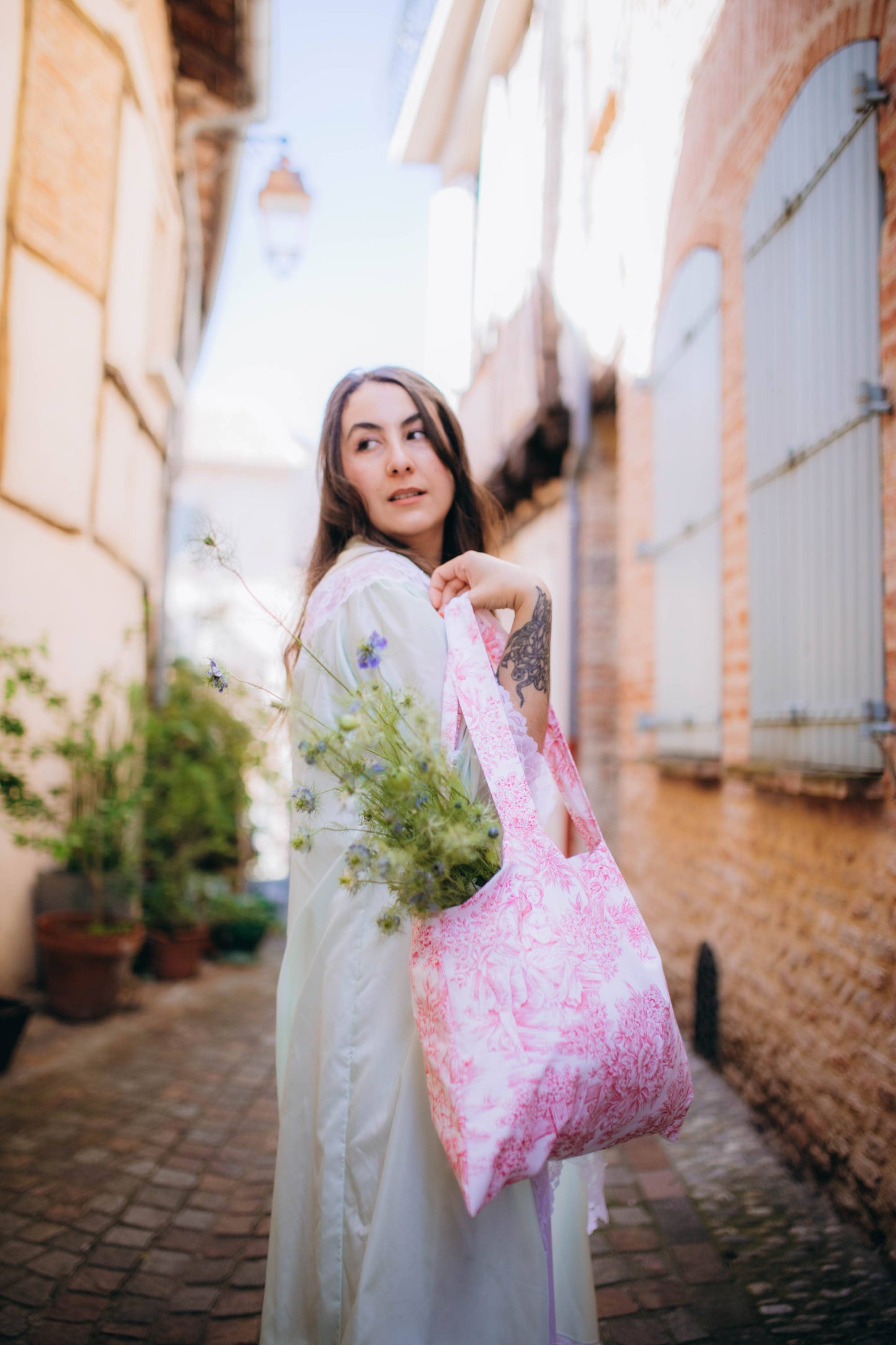 Baumwoll-Totebag Toile-de-Jouy rosa