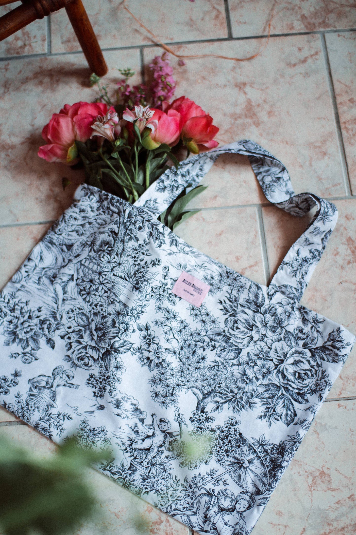 Baumwoll-Totebag schwarze Toile de Jouy