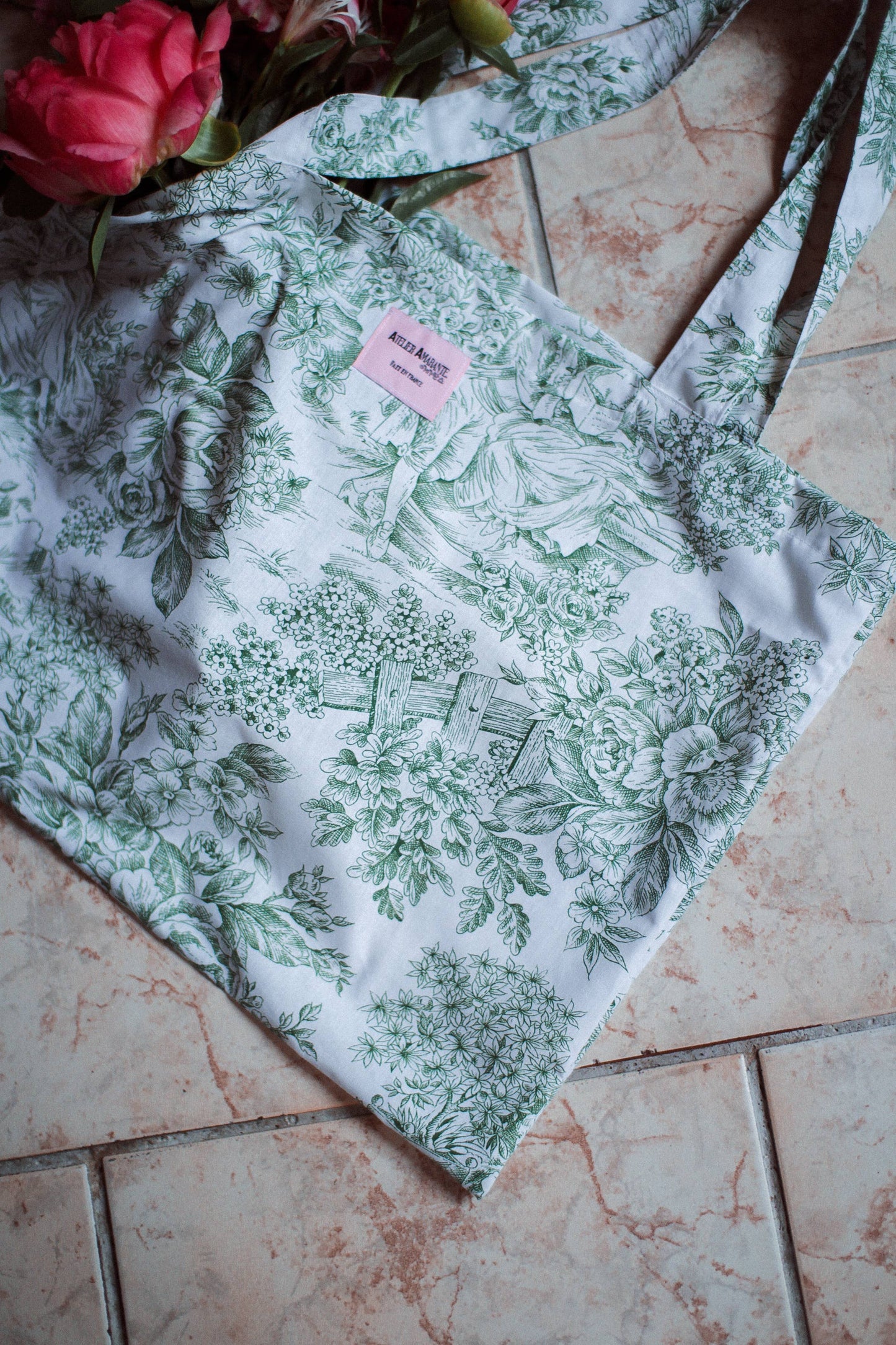 Baumwolltasche Toile de Jouy Grün